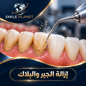 تنظيف وتلميع الأسنان — أسنان نظيفة ولامعة مع أداة التلميع، بشكل طبي واقعي وليس مبالغًا في البياض